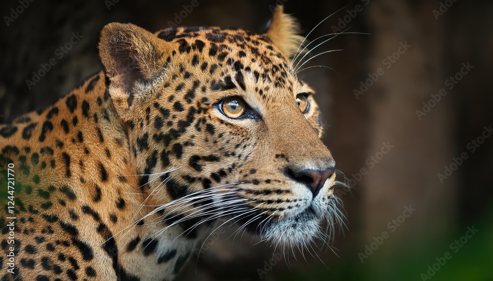 Naklejka premium Striking Portrait of a Ceylon Leopard in the Wilderness at Dusk, Showcasing Majestic Vigilance with Glowing Amber Eyes and Spotty Coat, Amidst Lush Greenery and Ancient Trees