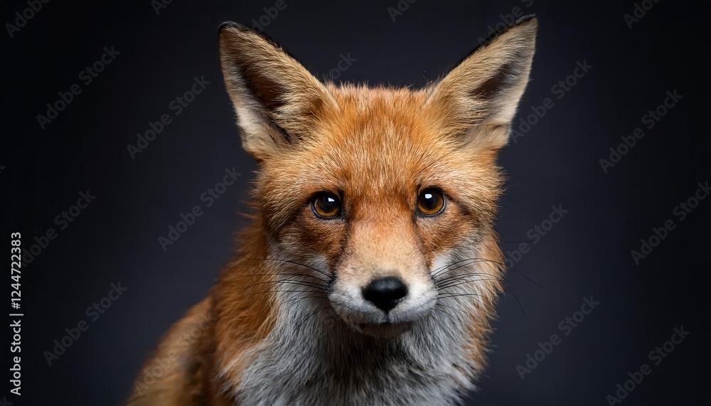 Fototapeta premium Mystical Nocturnal Encounter A Vivid Portrait of a Fox Amidst the Shadows on a Stark Black Canvas, Radiating Elegance and Mystery.