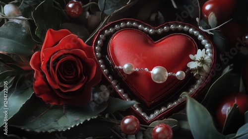 A gorgeous Valentine's Day arrangement, with a heart-shaped chocolate box, a red rose, and delicate pearl accents, exuding luxury and timeless romance
