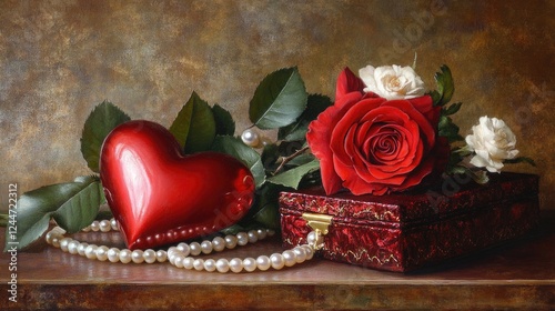 A gorgeous Valentine's Day arrangement, with a heart-shaped chocolate box, a red rose, and delicate pearl accents, exuding luxury and timeless romance