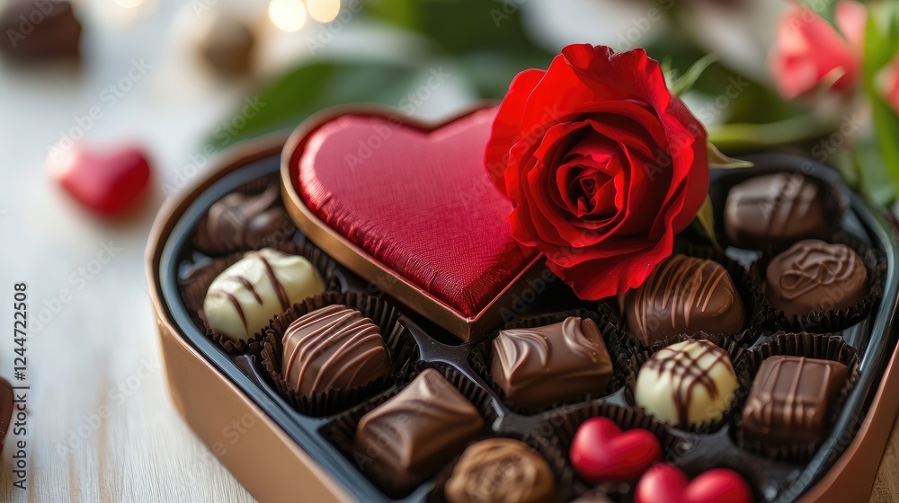A heart-shaped box of chocolates with a single red rose resting on top, creating a classic Valentine's Day gift arrangement A heart-shaped box of chocolates with a single red rose resting on top, creating a classic Valentine's Day gift arrangement