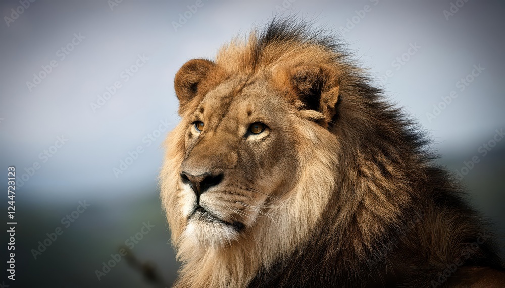 Powerful and Regal African Lion Stands Against a Backdrop of Sunlit Savannah Grasses, Capturing the Elegance and Strength of Africas King of Beasts. Powerful and Regal African Lion Stands Against a Backdrop of Sunlit Savannah Grasses, Capturing the Elegance and Strength of Africas King of Beasts.