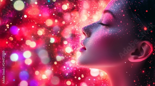 A forward-thinking portrait of a woman, with her face displayed as glowing digital circuitry, embodying abstract notions of technology and AI.
