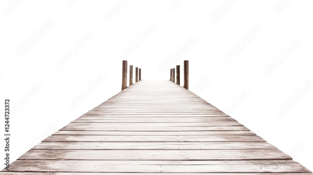 Wooden pier extending into transparent background, creating an idyllic seaside scene Wooden pier extending into transparent background, creating an idyllic seaside scene