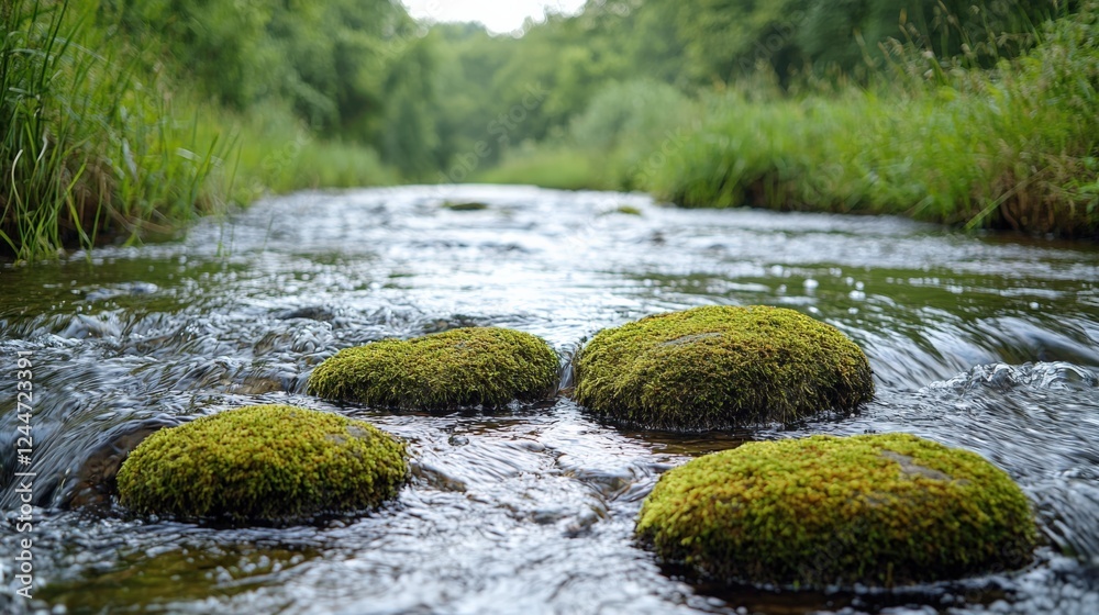 Serene Stream with Lush Green Mossy Rocks in Tranquil Nature Setting Serene Stream with Lush Green Mossy Rocks in Tranquil Nature Setting