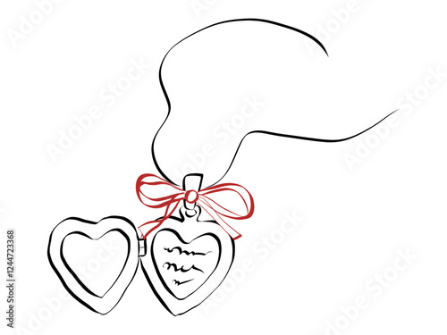 Coquette heart locket with ribbon bow of hand drawn line art style. Simple crayon and sketch symbol for Valentine day and invitations templates. Doodle vector illustration