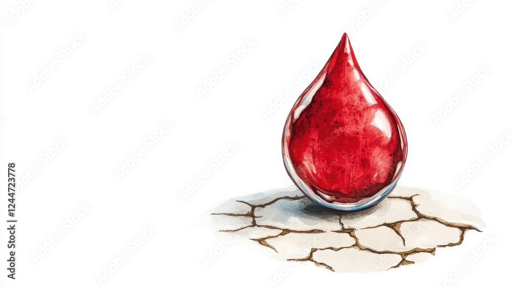 Obraz premium Red Blood Drop On Cracked Earth Watercolor Painting