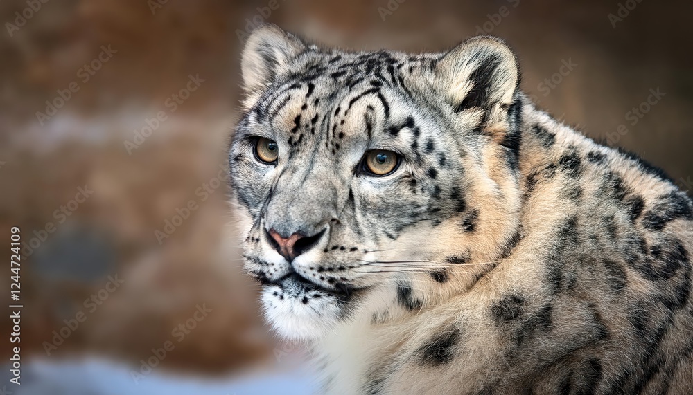 Striking Portrait of a Snow Leopard Panthera uncia in Wintery Himalayas, Showcasing Grace and Power amidst Frosty Landscape, with Glistening Fur and Piercing Blue Eyes. Striking Portrait of a Snow Leopard Panthera uncia in Wintery Himalayas, Showcasing Grace and Power amidst Frosty Landscape, with Glistening Fur and Piercing Blue Eyes.