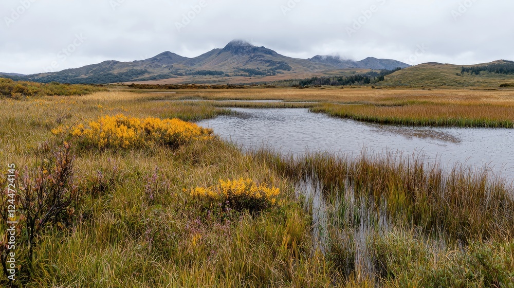 Obraz premium Autumnal wetland landscape with mountains