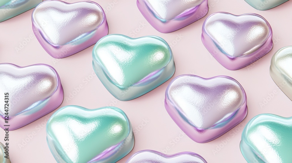 Fototapeta premium Shimmering Hearts: A captivating display of iridescent hearts, each with a pearlescent sheen and subtle color variations, creating a mesmerizing and romantic pattern. 
