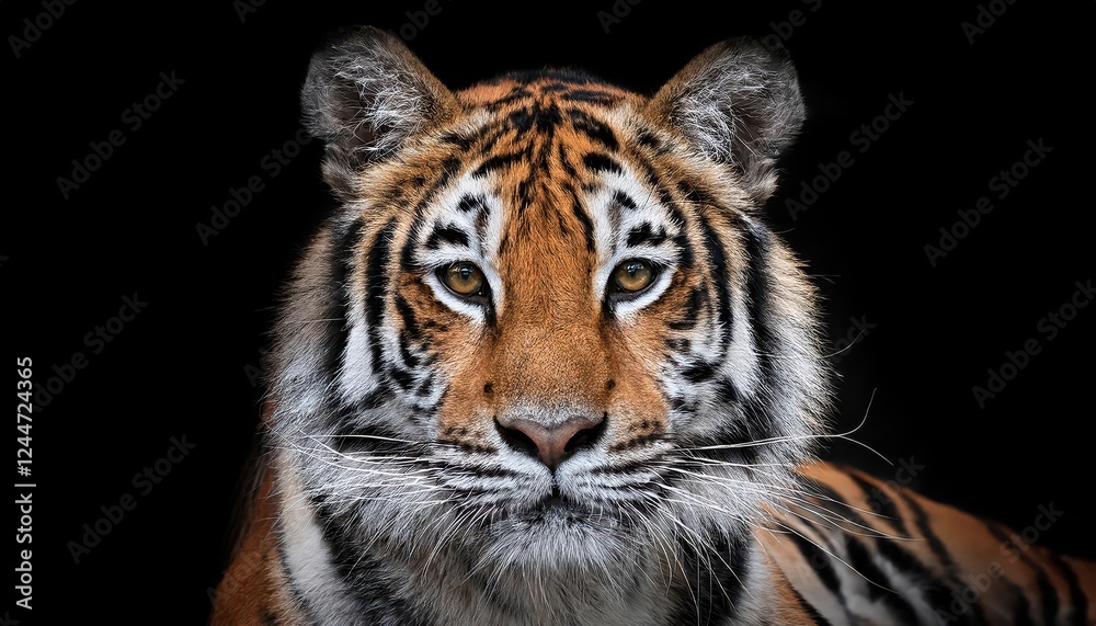 Naklejka premium Vibrant and Regal Striped Tiger Gazes Intently against a Dark Backdrop, Showcasing an Aweinspiring Feline Majesty.