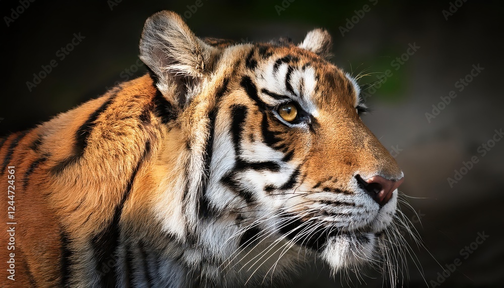 Striking Portrait of a Majestic Tiger in Lush Green Jungle, Showcasing Vibrant Eyes and Powerful Stance with Sunlight Filtering Through Dense Canopy at Dusk Striking Portrait of a Majestic Tiger in Lush Green Jungle, Showcasing Vibrant Eyes and Powerful Stance with Sunlight Filtering Through Dense Canopy at Dusk