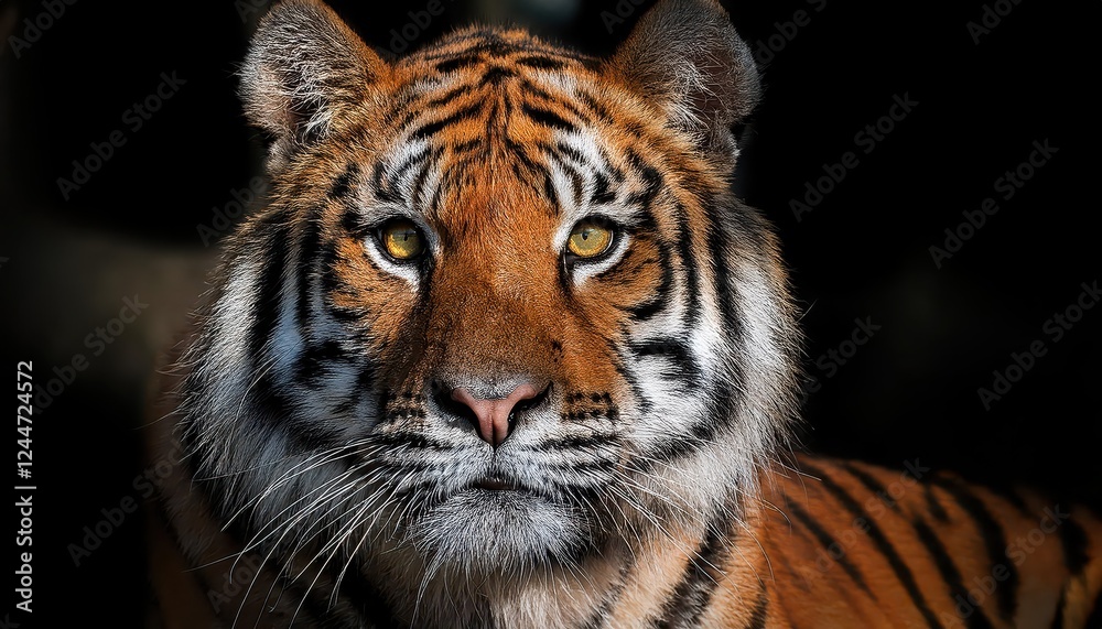 Naklejka premium Striking Portrait of a Vigilant Bengal Tiger in the Wild Jungle, Captured at Dusk with Lush Greenery and Dappled Light, Emphasizing the Majesty and Power of this Apex Predator.