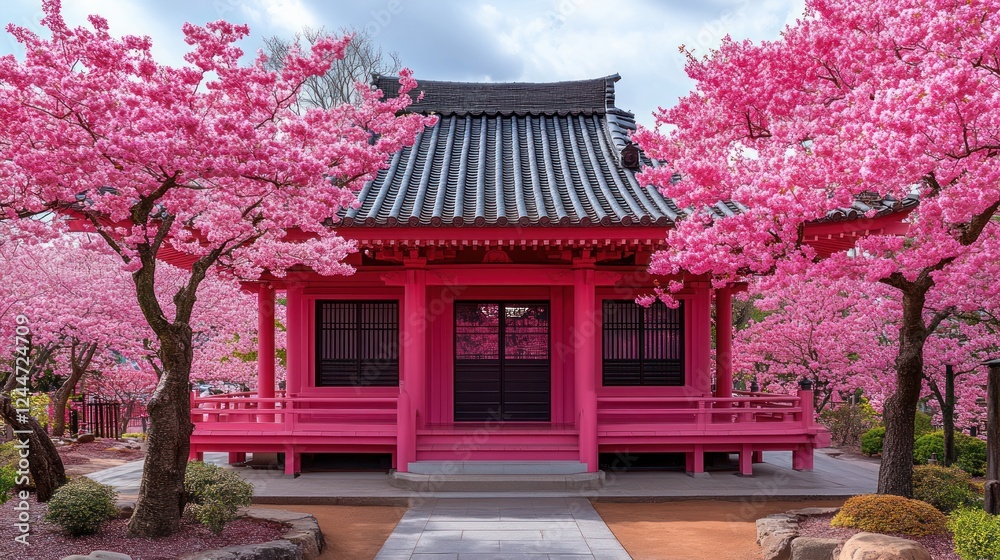 Pink temple, cherry blossoms, Japan, spring, serenity Pink temple, cherry blossoms, Japan, spring, serenity