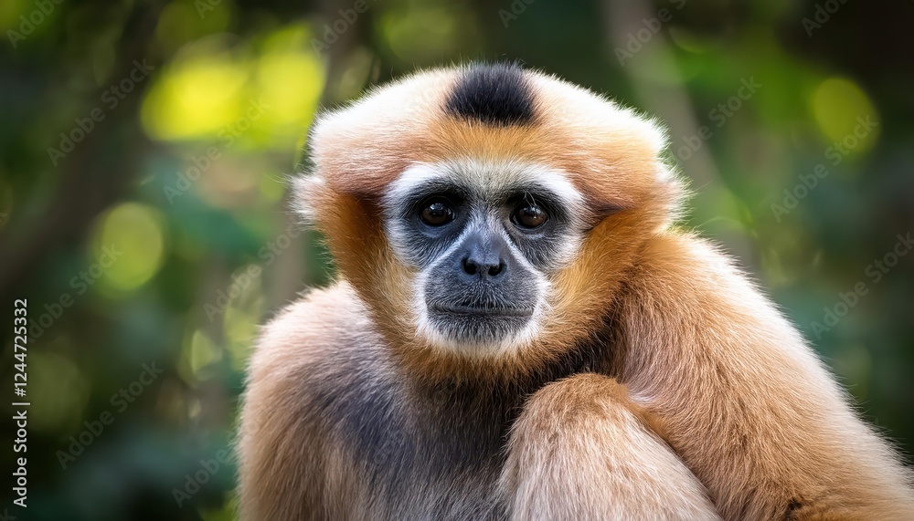 Vivid Portrait of a Playful Yellow Cheeked Gibbon Monkey Amidst the Lush Forest Canopy, Showcasing Energetic Dynamics and Wild Beauty in the Heart of Tropical Fauna. Vivid Portrait of a Playful Yellow Cheeked Gibbon Monkey Amidst the Lush Forest Canopy, Showcasing Energetic Dynamics and Wild Beauty in the Heart of Tropical Fauna.