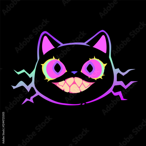 Cartoon cat with a crazy wide smile and bright eyes