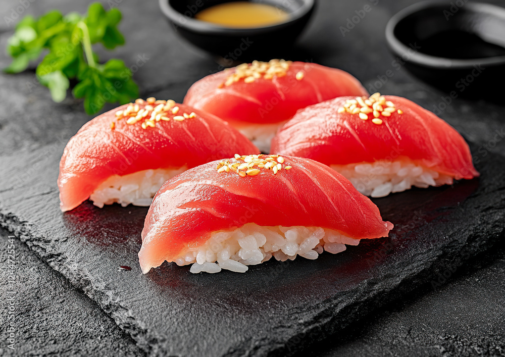 Nigiri sushi with tuna on rice, high-quality photo showcasing the elegant presentation, overhead view, emphasizing texture and color of ingredients. Nigiri sushi with tuna on rice, high-quality photo showcasing the elegant presentation, overhead view, emphasizing texture and color of ingredients.