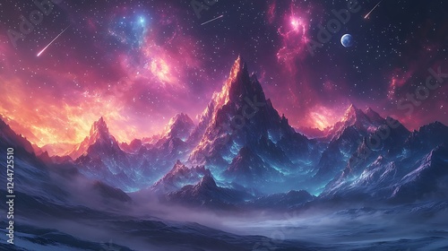 Majestic Futuristic Mountain Range Beneath a Fiery Sky Illustration
