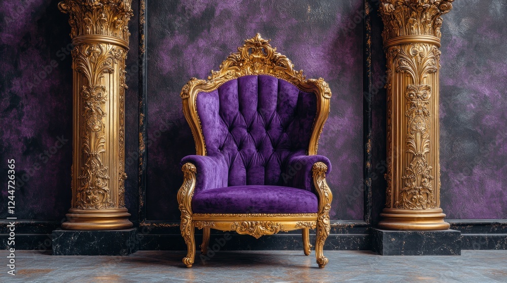 Purple throne chair, gold columns, regal room, interior design Purple throne chair, gold columns, regal room, interior design