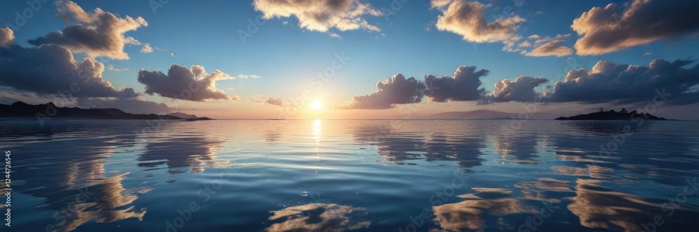 Fototapeta premium Reflection of the sky in a still blue water surface, reflective pool, natural scenery