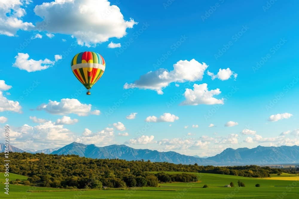 Naklejka premium Hot Air Balloon Over Green Fields and Mountains