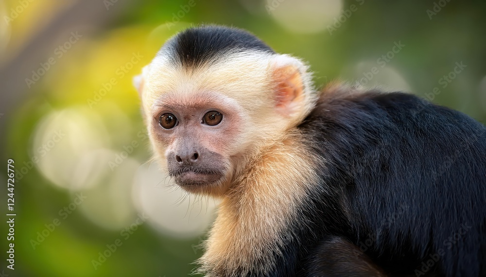 Enchanting Capuchin Monkey Portrait Against a Lush Panamanian Rainforest Backdrop, Showcasing the Playful and Curious Nature of this Wild Primate.