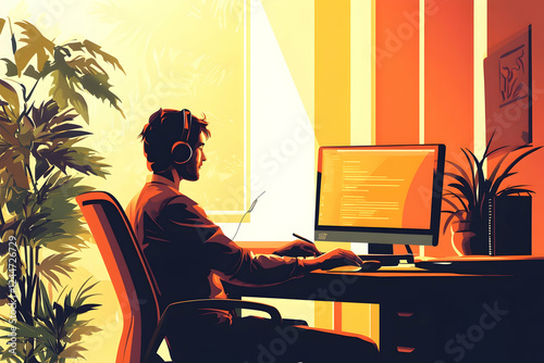 Flat Vector Illustration of a Remote Worker Using Digital Tools-