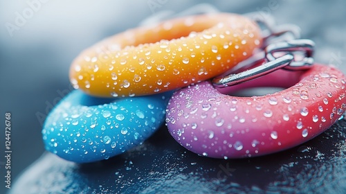 Colorful climbing rings, wet with water droplets, on a dark gray rock surface, blurred background photo