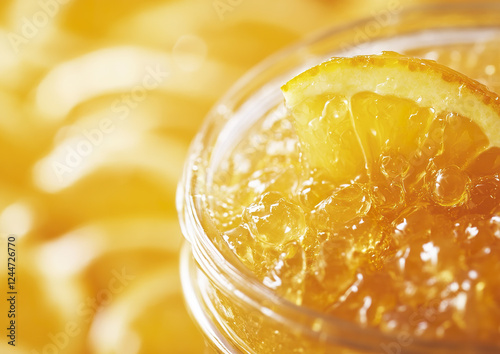 Orange marmalade with tangy citrus peel displayed in a glass jar, studio shot with natural light, highlighting the texture and color of the spread. photo