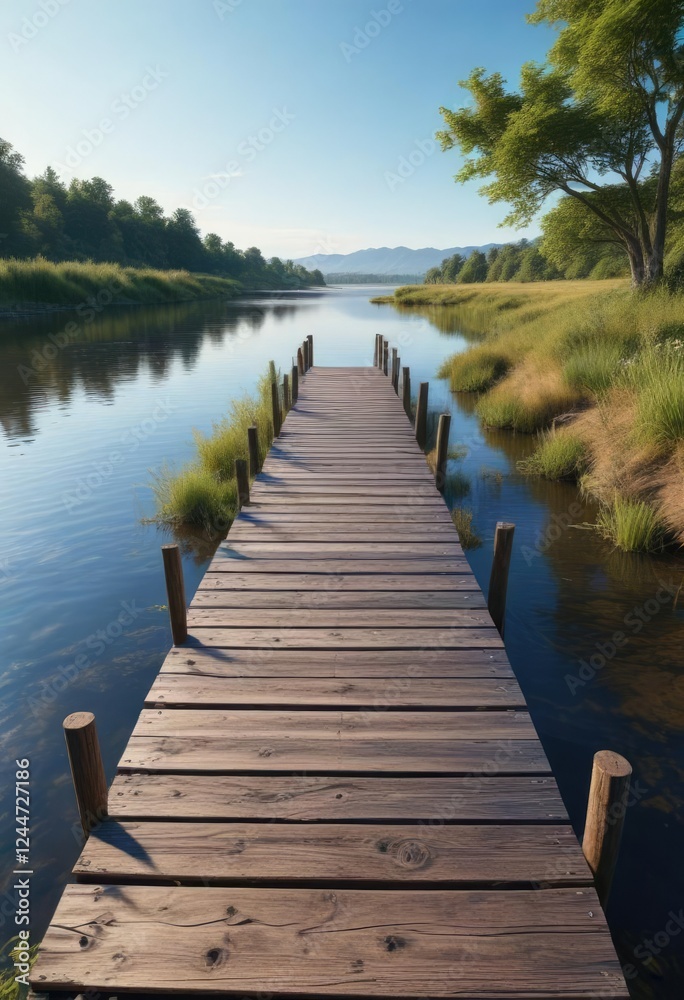 Obraz premium Scenic wooden walkway along the riverbank under a clear blue sky, outdoor, waterfront, idyllic, boardwalk, tranquil