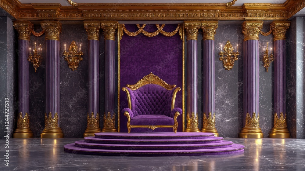 Obraz premium Purple throne, marble palace, gold columns, royal backdrop