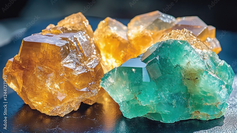 Obraz premium Colorful crystals, close-up, on dark surface, illuminated gemstones