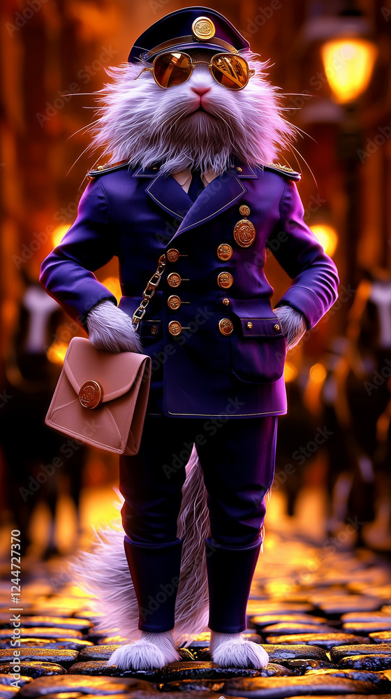 Obraz premium A highly detailed 8K digital rendering of a sophisticated fluffy rabbit dressed as a distinguished officer, wearing a tailored navy-blue uniform adorned with golden buttons and a matching officer's ha