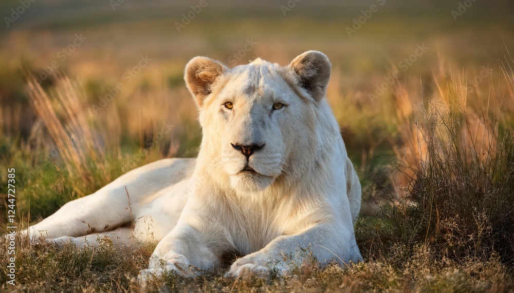 Striking Portrait of a Relaxed Lioness Lounging Against an African Savannah Backdrop at Dusk, Showcasing Golden Light and Majestic Beauty. Striking Portrait of a Relaxed Lioness Lounging Against an African Savannah Backdrop at Dusk, Showcasing Golden Light and Majestic Beauty.