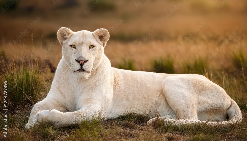 Serene Lioness Basks in the Golden Savannah Underglow, Majestic Creature Poised Against a Sunset Backdrop, Capturing Wild Africas Tranquility and Grace. Serene Lioness Basks in the Golden Savannah Underglow, Majestic Creature Poised Against a Sunset Backdrop, Capturing Wild Africas Tranquility and Grace.