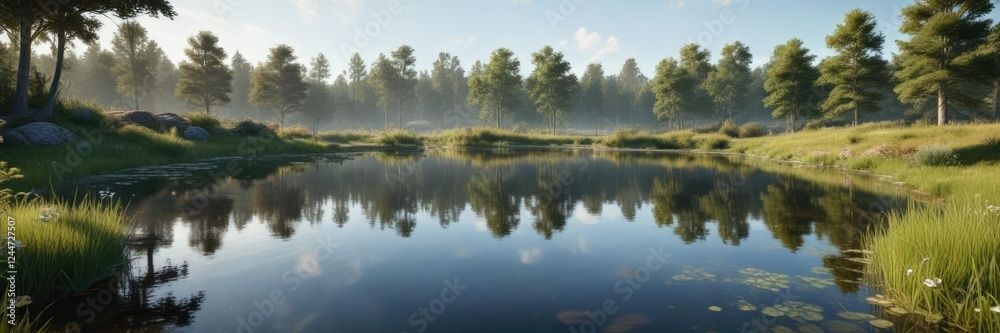 serene landscape with a small pond in the distance, distance, landscape serene landscape with a small pond in the distance, distance, landscape