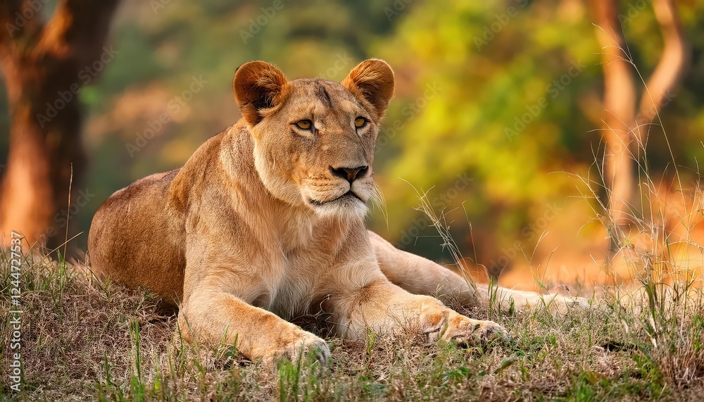 Regal Lioness Repose Majestic Portrait of a Lioness on Lush Grass in Bondla Wildlife Sanctuary, Goa, India at Dusk Regal Lioness Repose Majestic Portrait of a Lioness on Lush Grass in Bondla Wildlife Sanctuary, Goa, India at Dusk