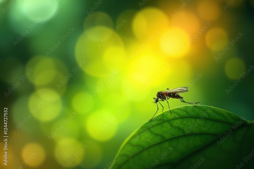 Fototapeta premium Mosquito on a Green Leaf in a Bokeh Background