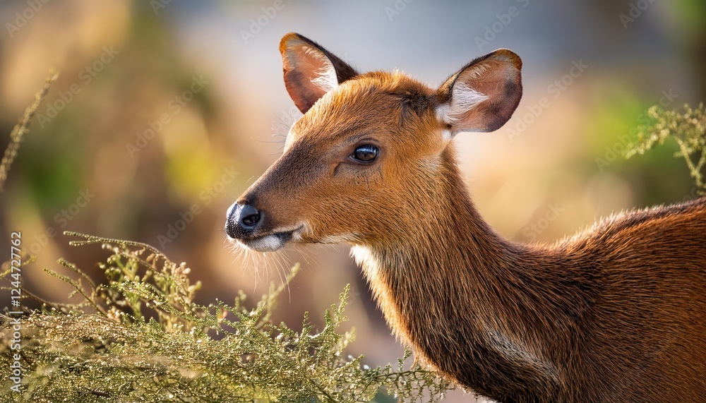 Enchanting Closeup of a Muntjak Deer Gazing into the Dappled Light of an English Woodland, Captured in a Moment of Peace and Serenity Amidst Natures Symphony. Enchanting Closeup of a Muntjak Deer Gazing into the Dappled Light of an English Woodland, Captured in a Moment of Peace and Serenity Amidst Natures Symphony.