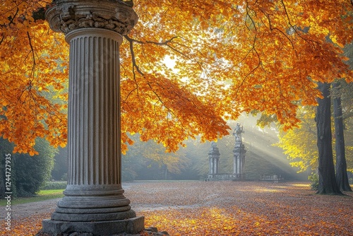 Autumnal Park Scene with Stone Column and Sunlight photo