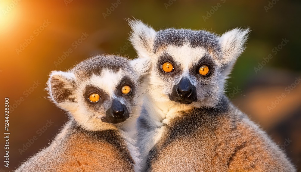 Obraz premium Lively Portrayal of Playful Ringtailed Lemurs in Summertime Bliss, Showcasing Humor and Warmth Against a Backdrop of Vibrant Tropical Landscape