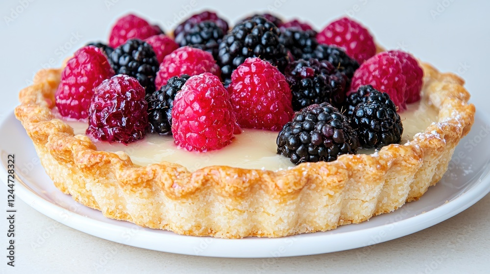 Creamy tart with raspberries and blackberries on a white plate. Food photography for recipe blogs Creamy tart with raspberries and blackberries on a white plate. Food photography for recipe blogs