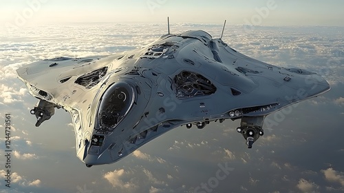 Innovative Futuristic Stealth Drone Hovering Above Restricted Airspace with Unknown Advanced Military Technology and Capabilities for Surveillance Reconnaissance and Potential Combat