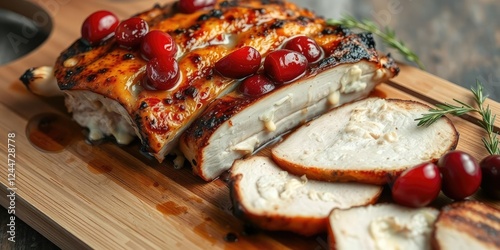 Sizzling platter of grilled pork belly with melted brie and pickled cherries on a wooden cutting board, rustic decor, woodcutting board, grilled pork belly