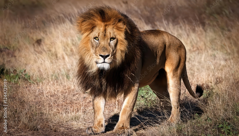 Striking African Lion Portrait in the Savannah Sunset, Majestically Framed by the Vibrant Hues of Dusk Striking African Lion Portrait in the Savannah Sunset, Majestically Framed by the Vibrant Hues of Dusk