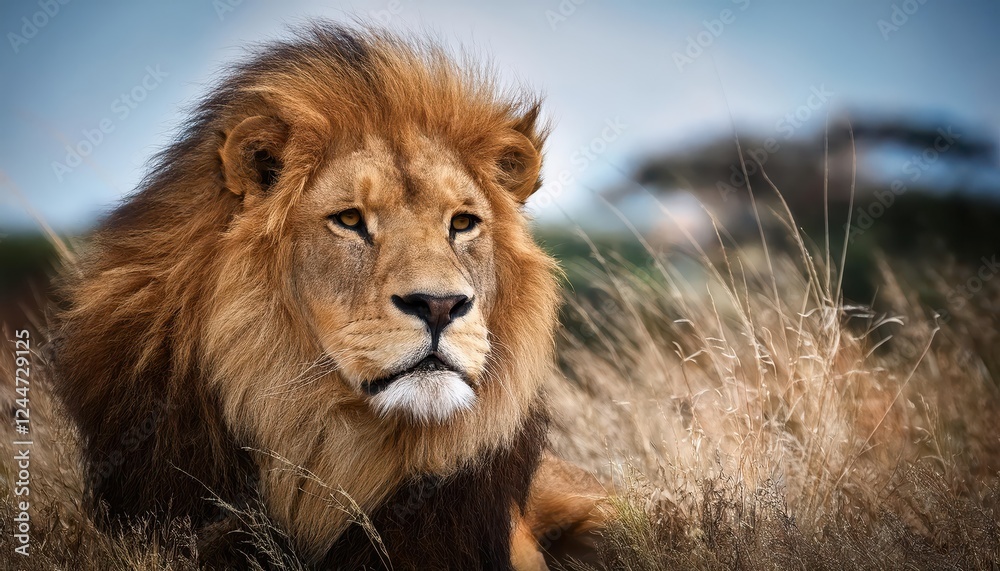 Fototapeta premium Powerful Portrait of an African Lion in the Savannah Majestic Mood and Textured Manes Underneath the Setting Sun