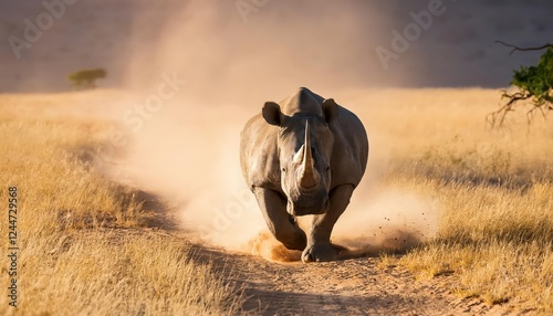 AweInspiring Rhino in Full Stride Across the African Savannah, Leaving a Trail of Dust and Exuding Powerful Elegance.