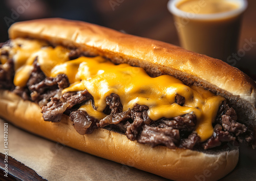 Philly cheesesteak sandwich with thinly sliced beef, sautéed onions, and melted cheese, presented on a wooden board, top view with a rustic background. photo