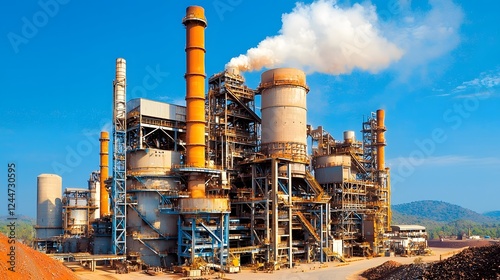 Massive steel mill with molten metal pouring from a giant furnace surrounded by towering chimneys and a complex of industrial buildings and machinery in an urban industrial landscape