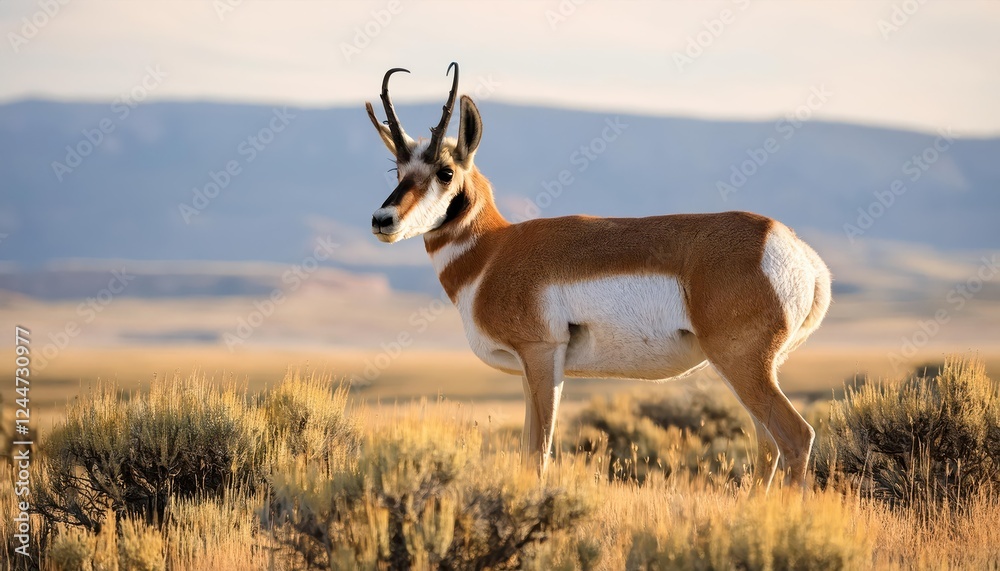 Striking Pronghorn Antelope Buck Against the Backdrop of a Wyoming Desert Sunset, Embracing the Majesty and Solitude of the American West Striking Pronghorn Antelope Buck Against the Backdrop of a Wyoming Desert Sunset, Embracing the Majesty and Solitude of the American West